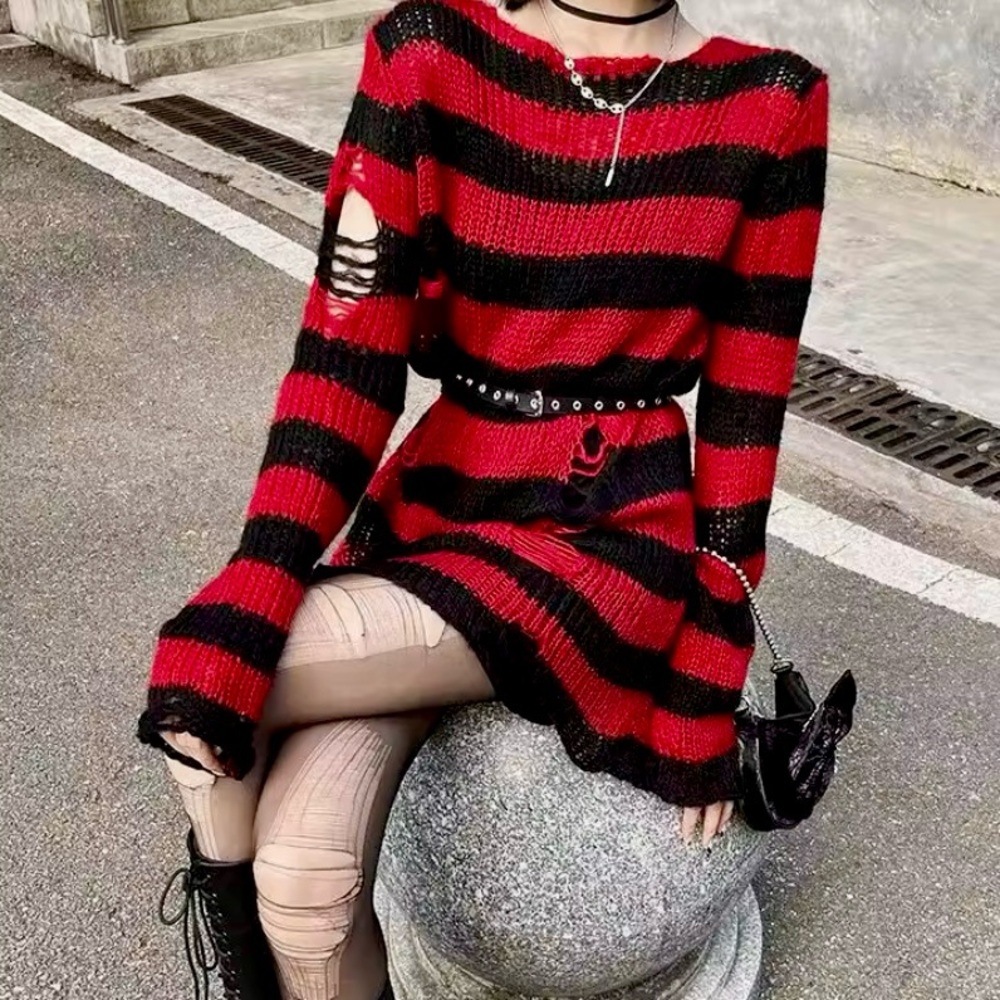 Red & Black Striped Knit Oversized Distressed Sweater